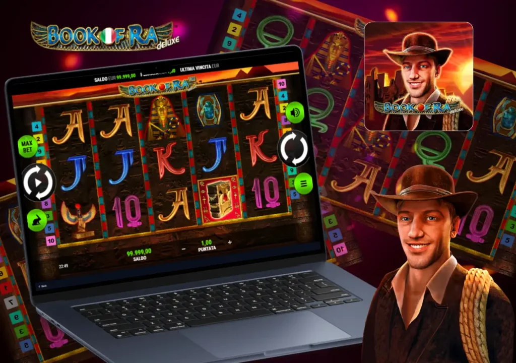 Gioco della slot Book of Ra Deluxe su laptop con schermata di gioco e il personaggio protagonista